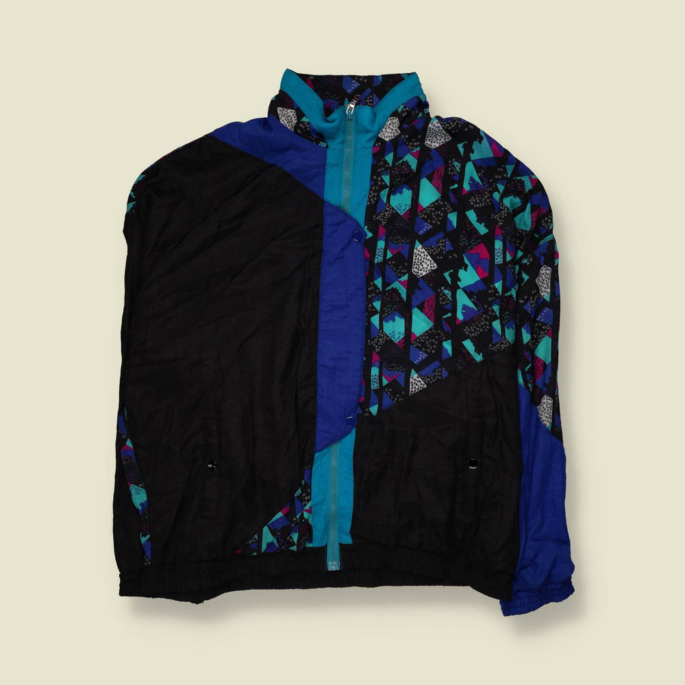 1980s | Geometric Print Shell Jacket | Black, Blue & Teal - 4XL