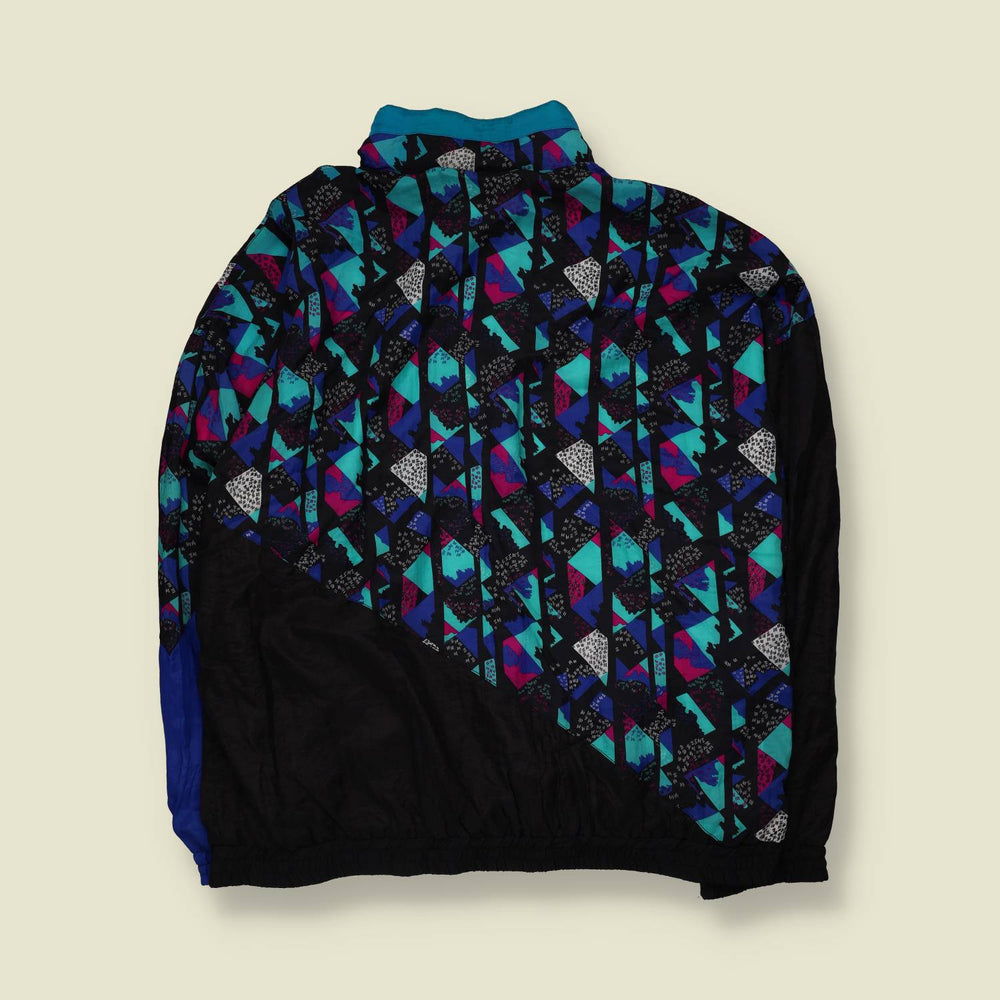 1980s | Geometric Print Shell Jacket | Black, Blue & Teal - 4XL
