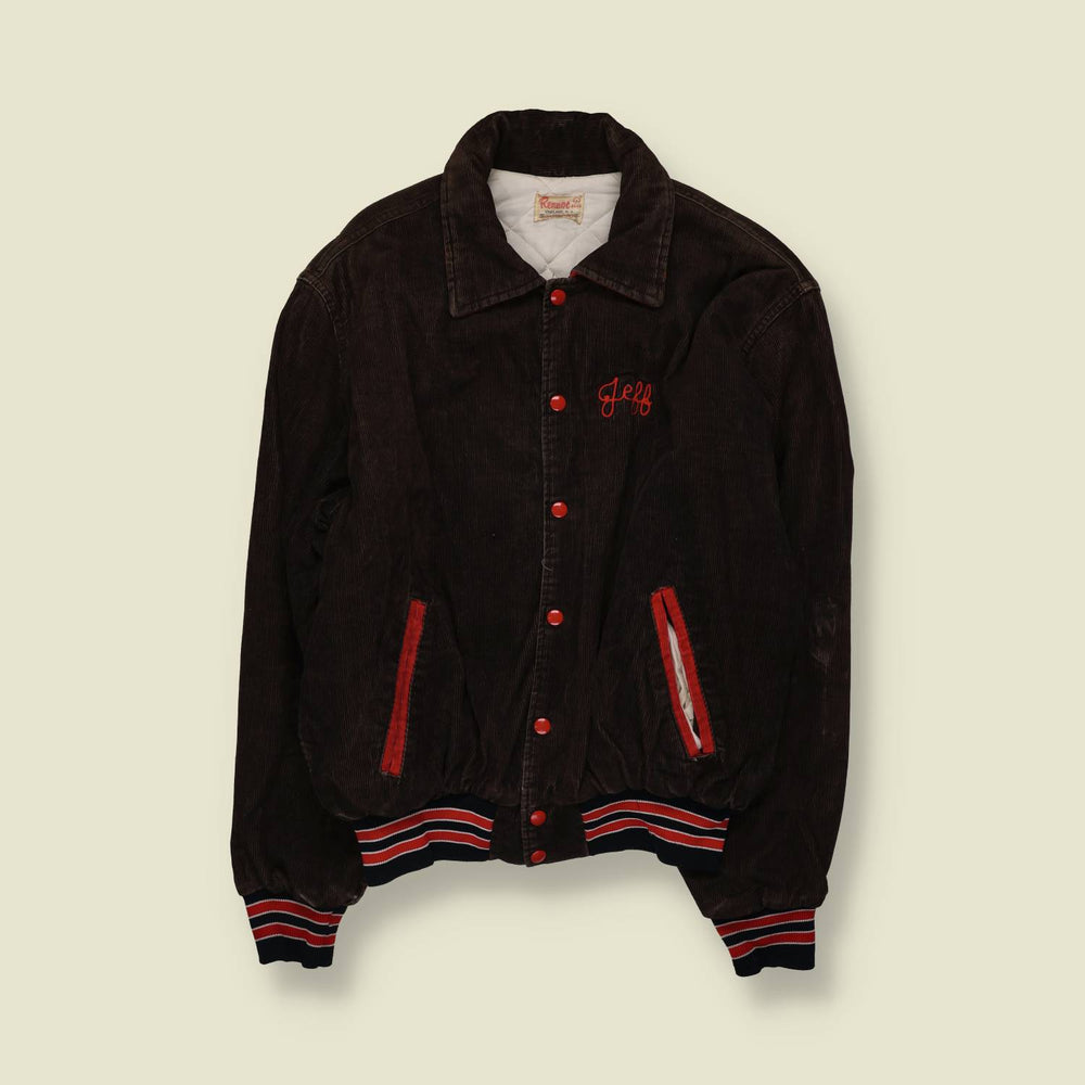 1960s | Rennoc | Corduroy Varsity Jacket | Brown & Red - L
