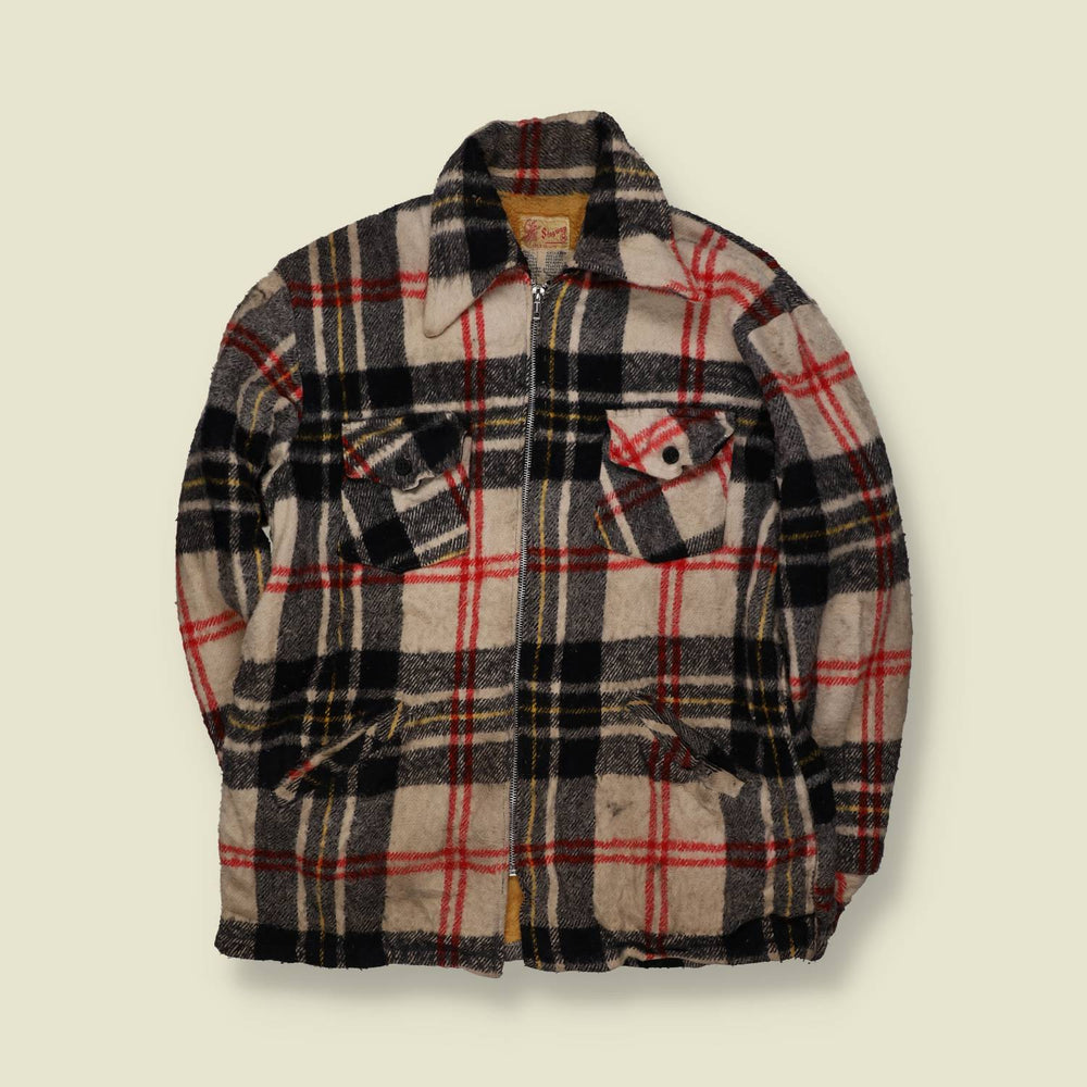 1970s | Skagway | Plaid Wool Zip Jacket | Cream, Black & Red - M