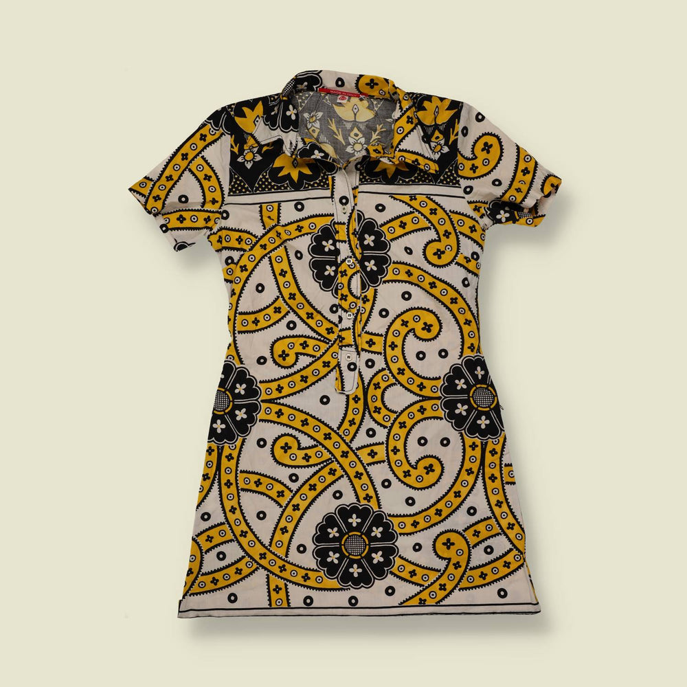 1990s | Paisley Mini Dress | Yellow, Black & Cream - 8