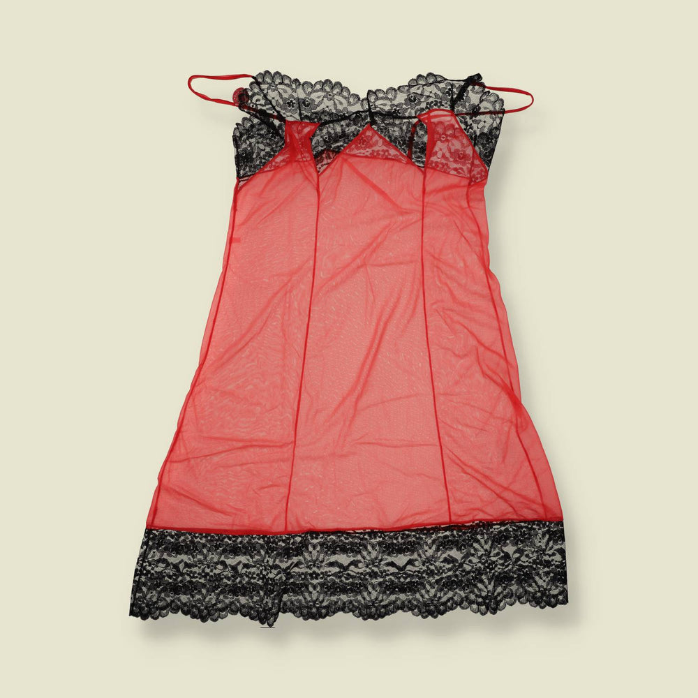 1970s | Deadstock Lace Trim Nightdress | Red & Black - 8