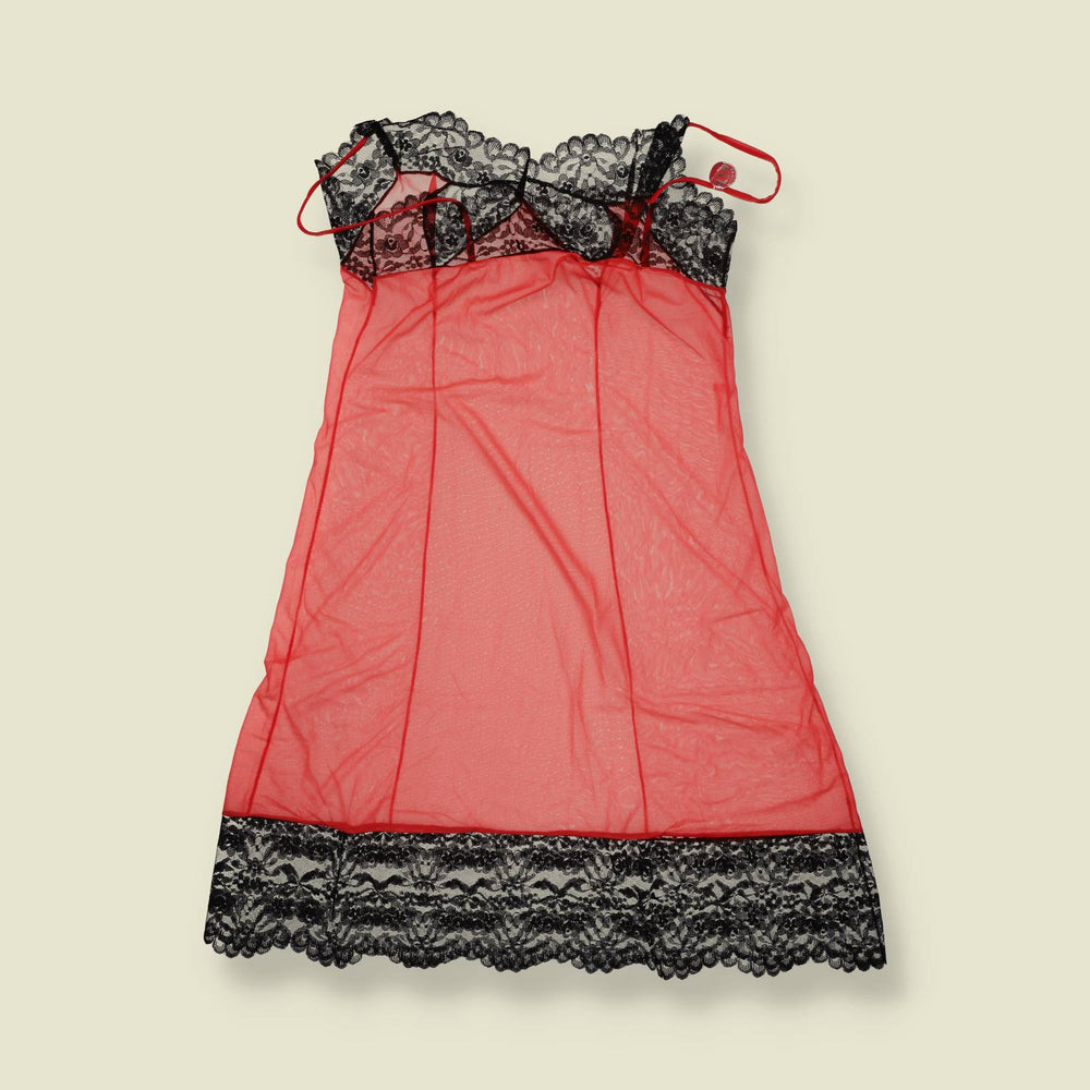 1970s | Deadstock Lace Trim Nightdress | Red & Black - 8