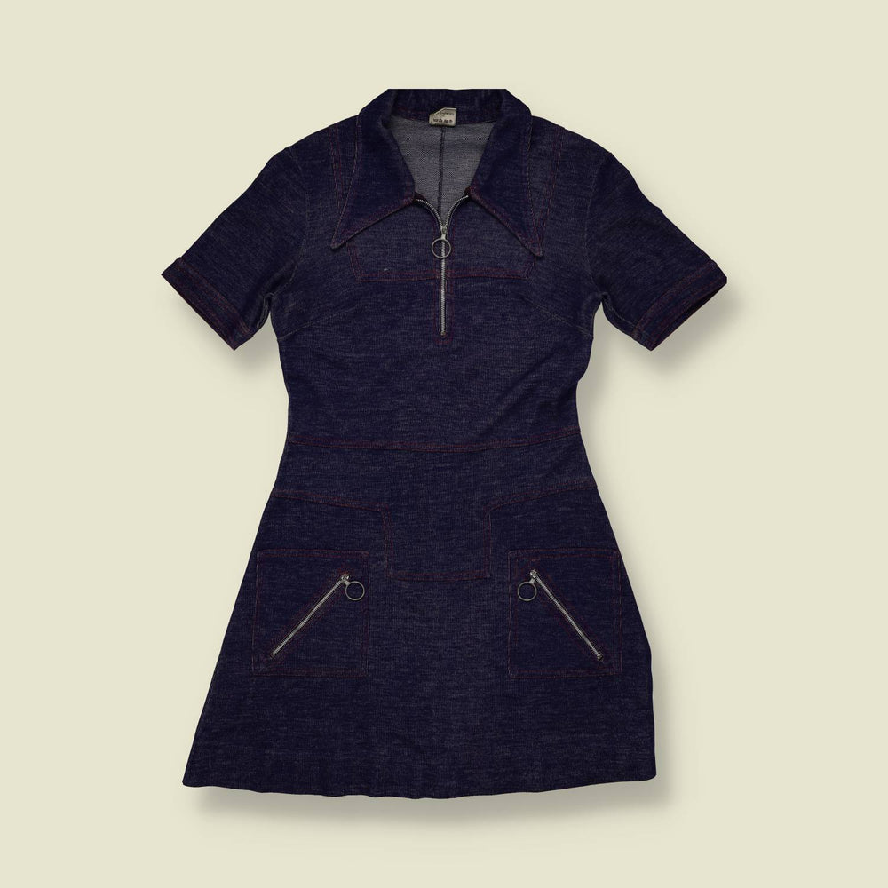 1970s | Zip Front Mini Dress | Navy - 6