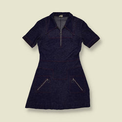 1970s | Zip Front Mini Dress | Navy - 6