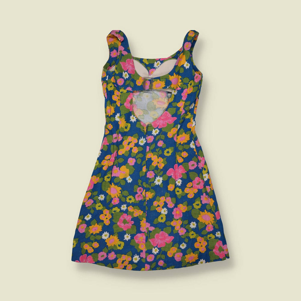 1960s | Floral Cotton Mini Dress | Blue - 4
