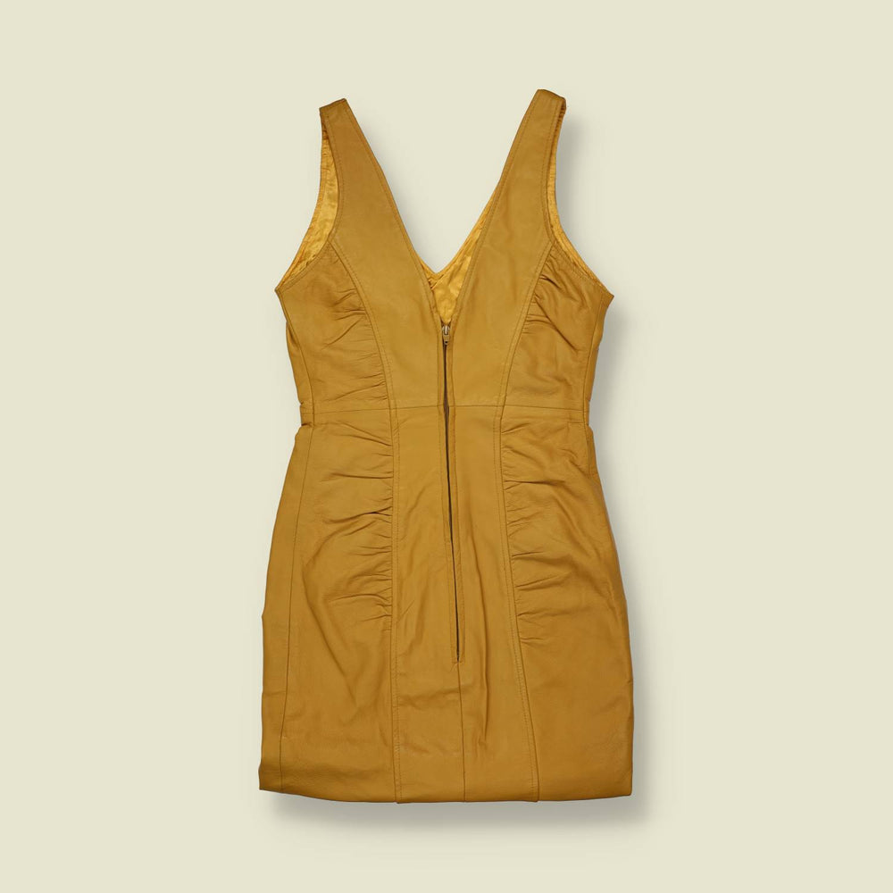 1990s | Leather Zip Front Mini Dress | Mustard - 6