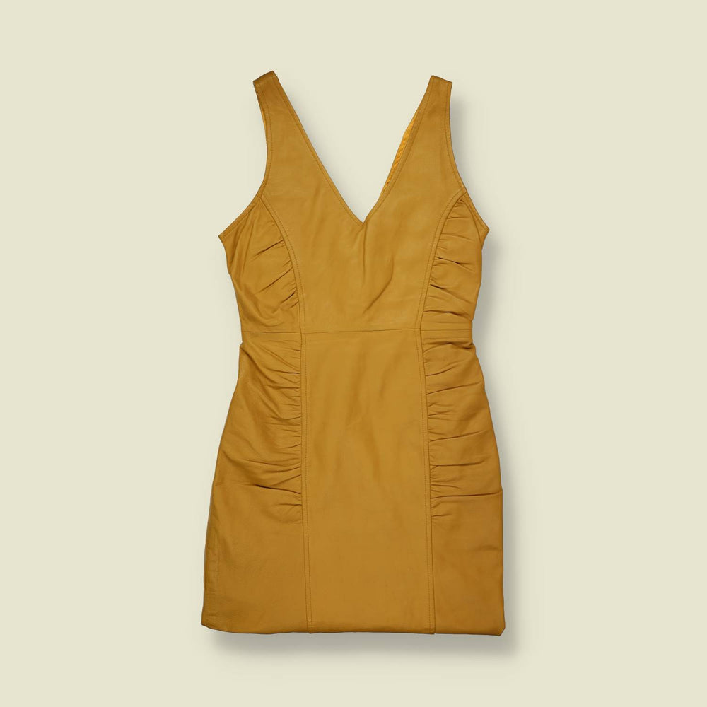 1990s | Leather Zip Front Mini Dress | Mustard - 6