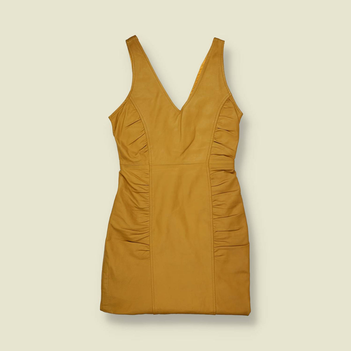 1990s | Leather Zip Front Mini Dress | Mustard - 6