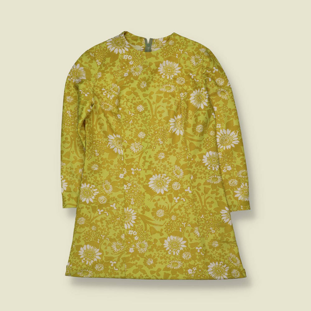 1970s | Floral Polyester Mini Dress | Yellow - 12