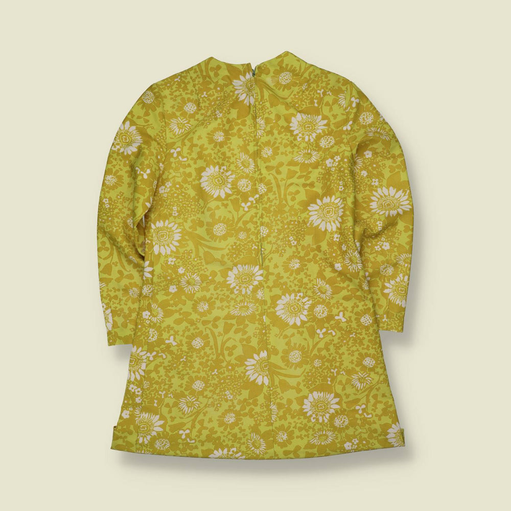 1970s | Floral Polyester Mini Dress | Yellow - 12