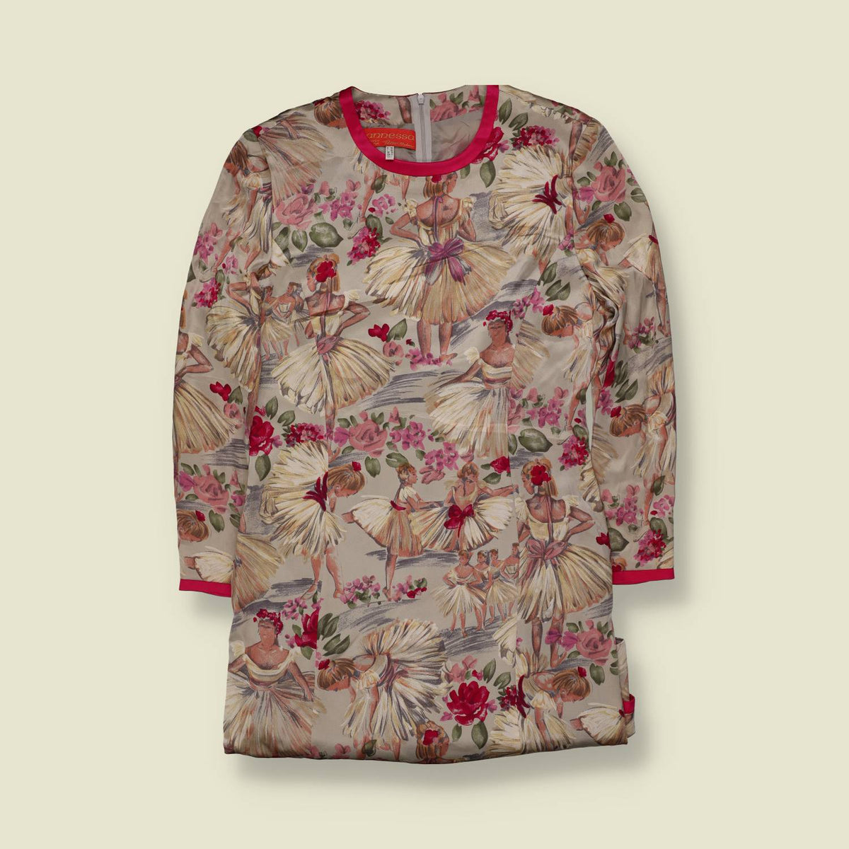 1990s | Amesso | Ballerina Print Dress | Cream & Pink - 14