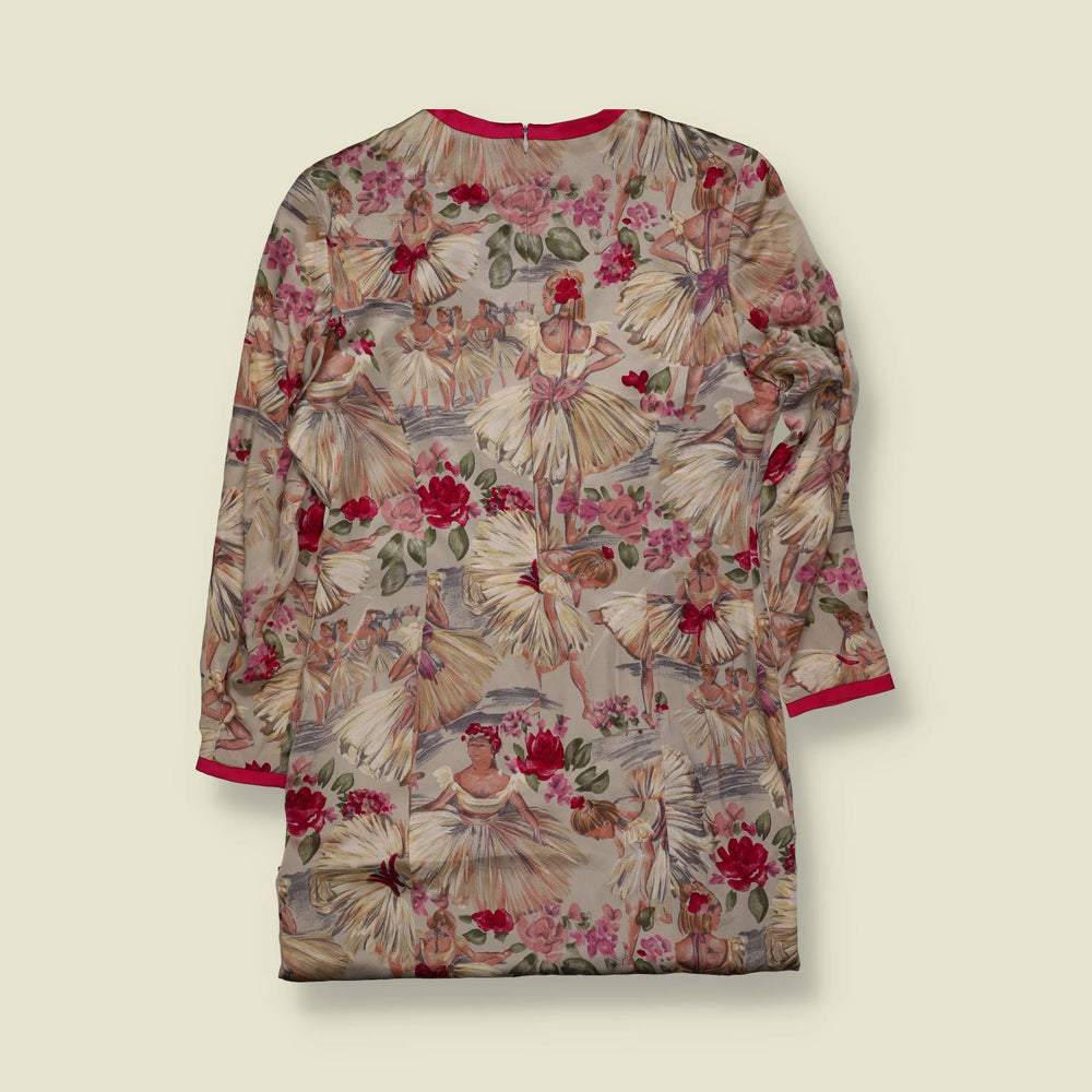 1990s | Amesso | Ballerina Print Dress | Cream & Pink - 14