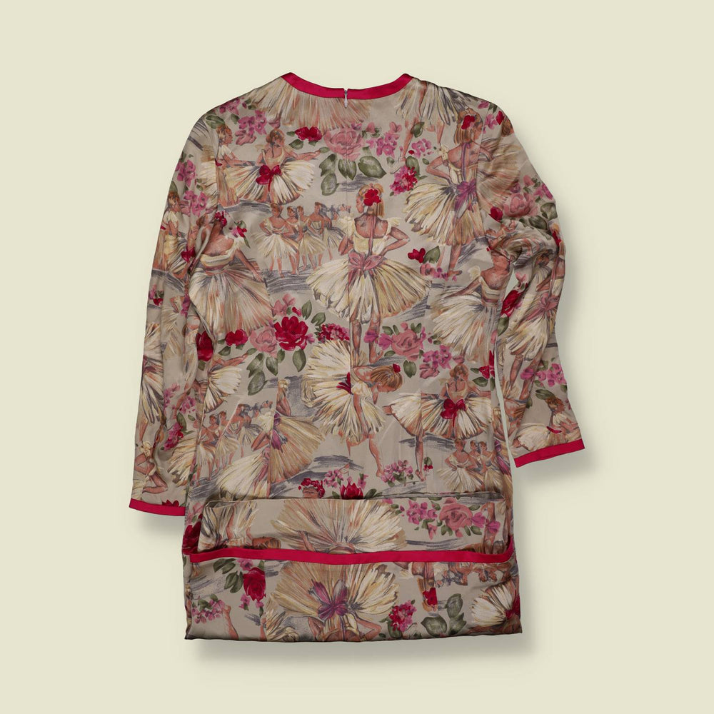 1990s | Amesso | Ballerina Print Dress | Cream & Pink - 14