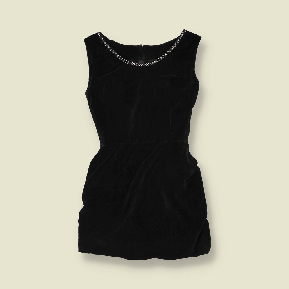 1970s | Velvet Rhinestone Trim Mini Dress | Black - 8
