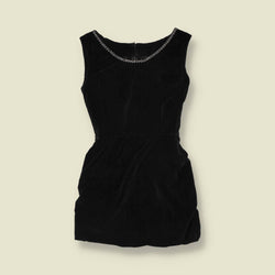 1970s | Velvet Rhinestone Trim Mini Dress | Black - 8