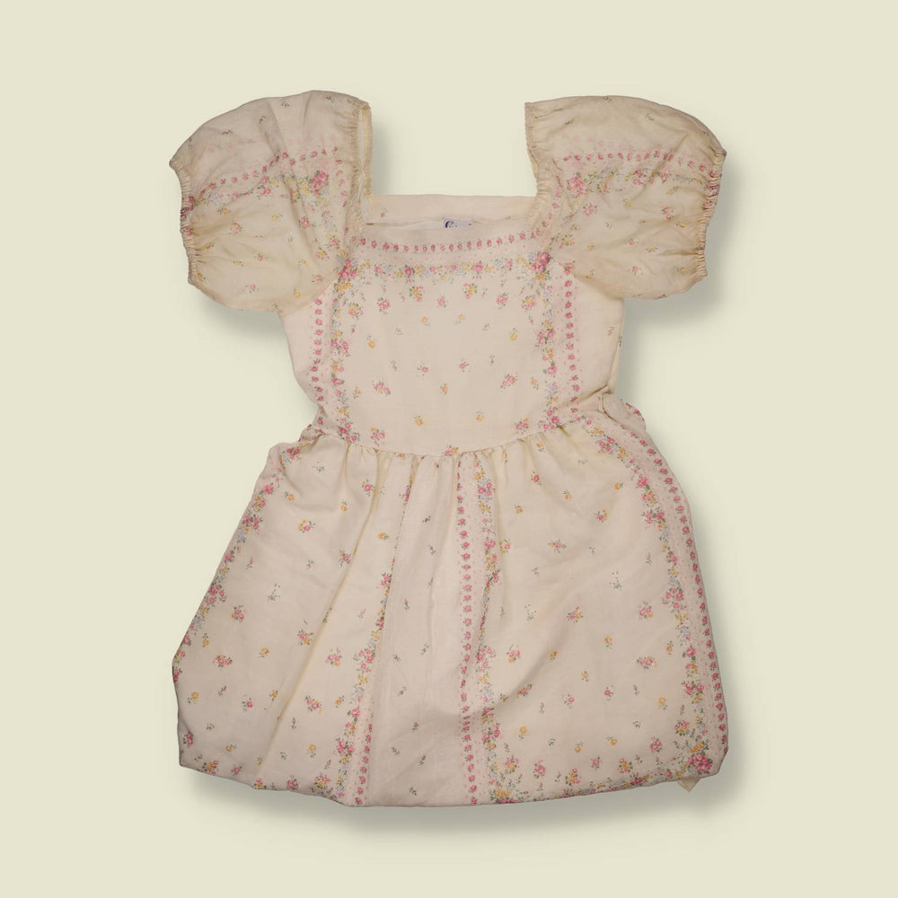 1970s | Cinderella | Floral Puff Sleeve Dress | Cream & Pink - 8