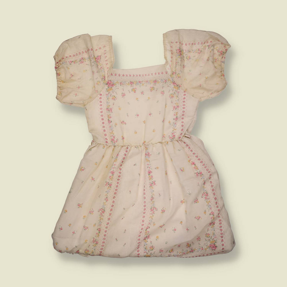 1970s | Cinderella | Floral Puff Sleeve Dress | Cream & Pink - 8