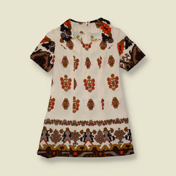 1970s | Border Print Mini Dress | Cream, Brown & Orange - 8