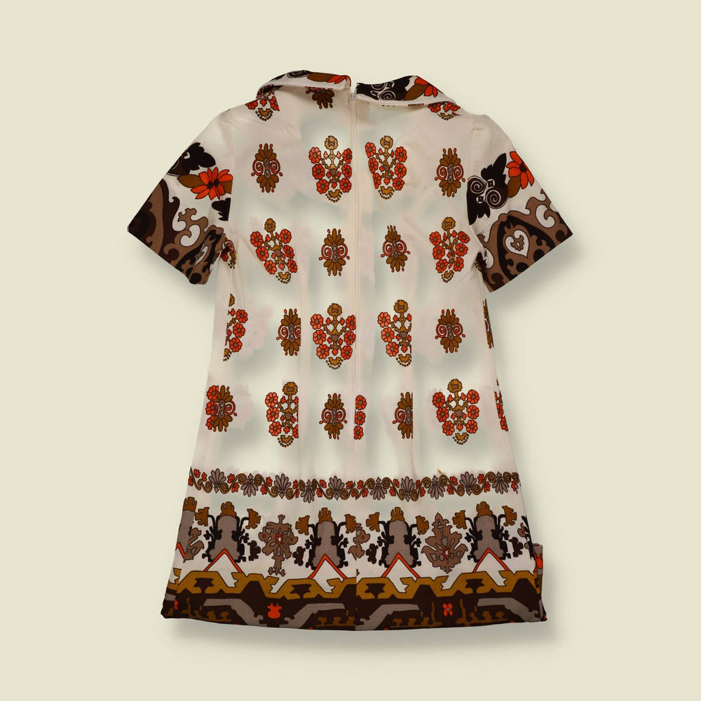 1970s | Border Print Mini Dress | Cream, Brown & Orange - 8