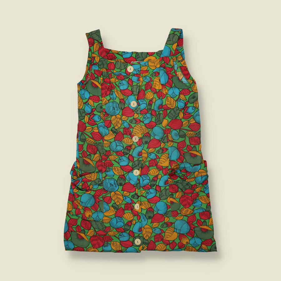 1970s | Botanical Print Pinafore Dress | Green, Red & Blue - 10