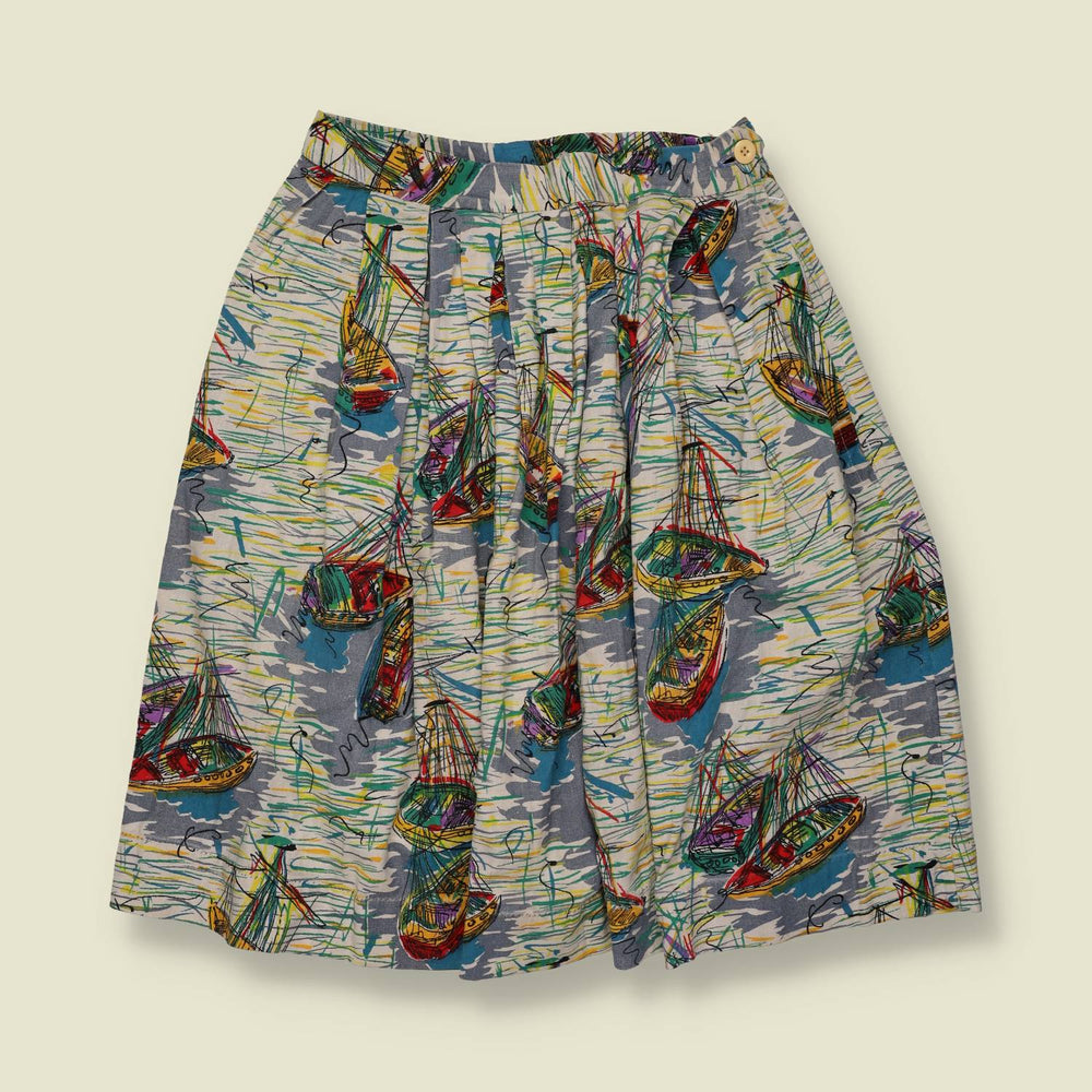 1950s | Novelty Sailboat Print Skirt | Multi-Colour - w26