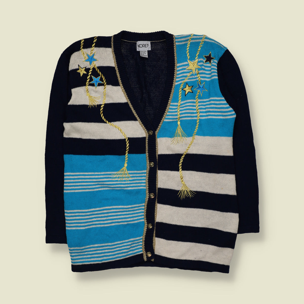 1980s | Koret | Novelty Star & Tassel Knit Cardigan | Navy, Turquoise & Cream - 14