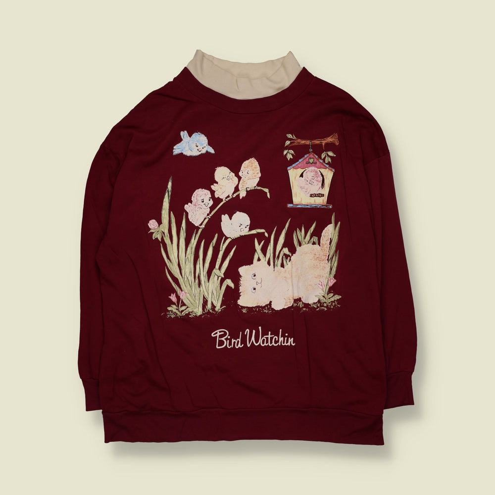1980s | Burgundy Bird Watchin' Cat Graphic Sweatshirt - 20