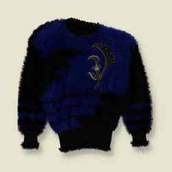 980s | Fluffy Eyelash Knit Floral Embroidered Jumper | Royal Blue & Black - 10
