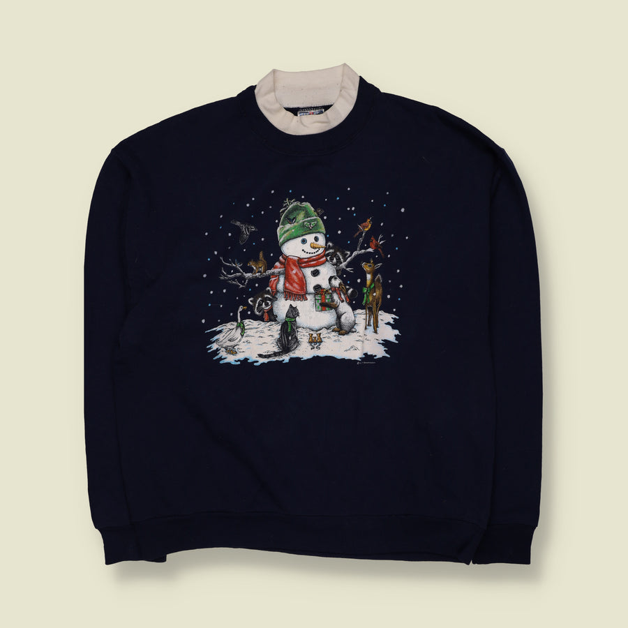 1990s | Jerzees | Navy Snowman & Woodland Animals Christmas Sweatshirt - 18