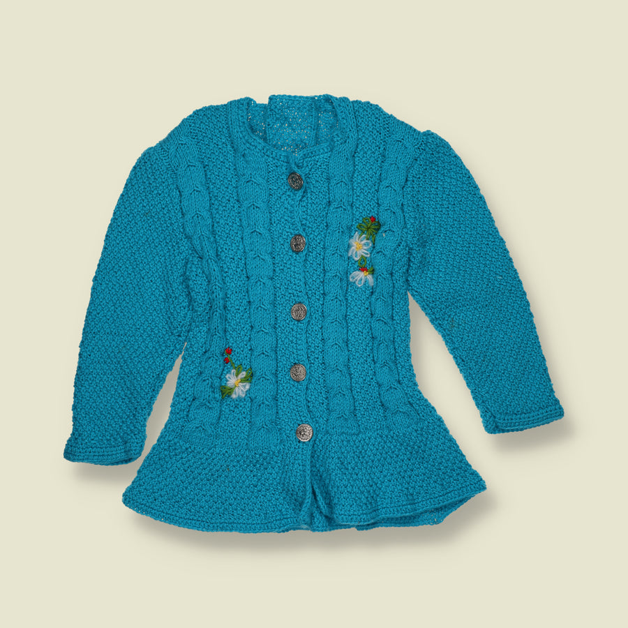 1970s | Floral Embroidered Cable Knit Cardigan | Turquoise Blue - 6-7 Years