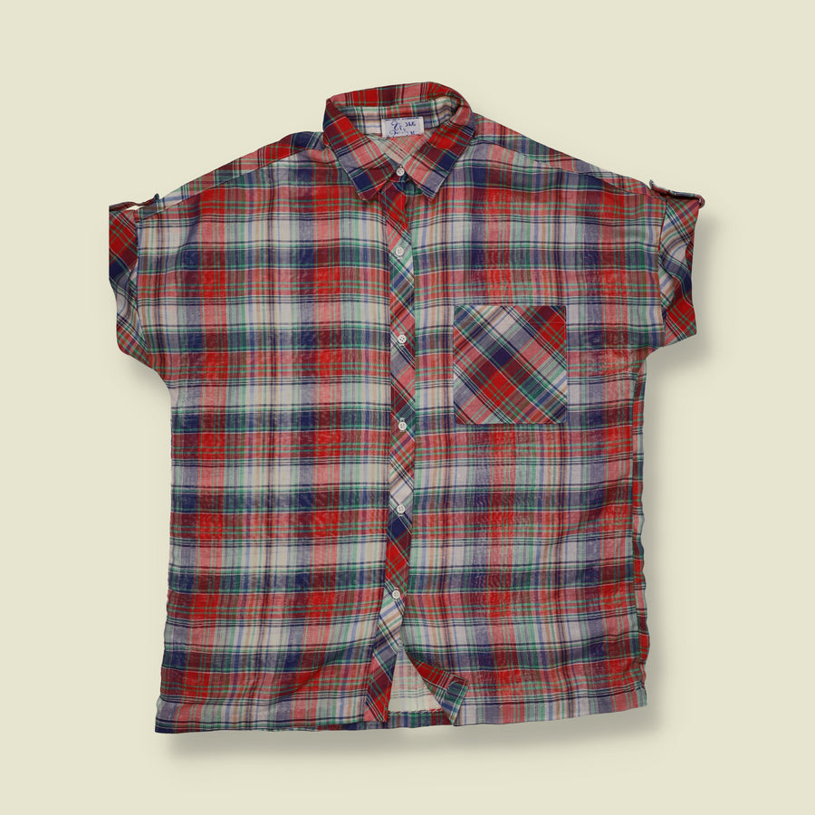 1970s | Ship n'Shore | Red & Blue Plaid Short Sleeve Blouse - 18