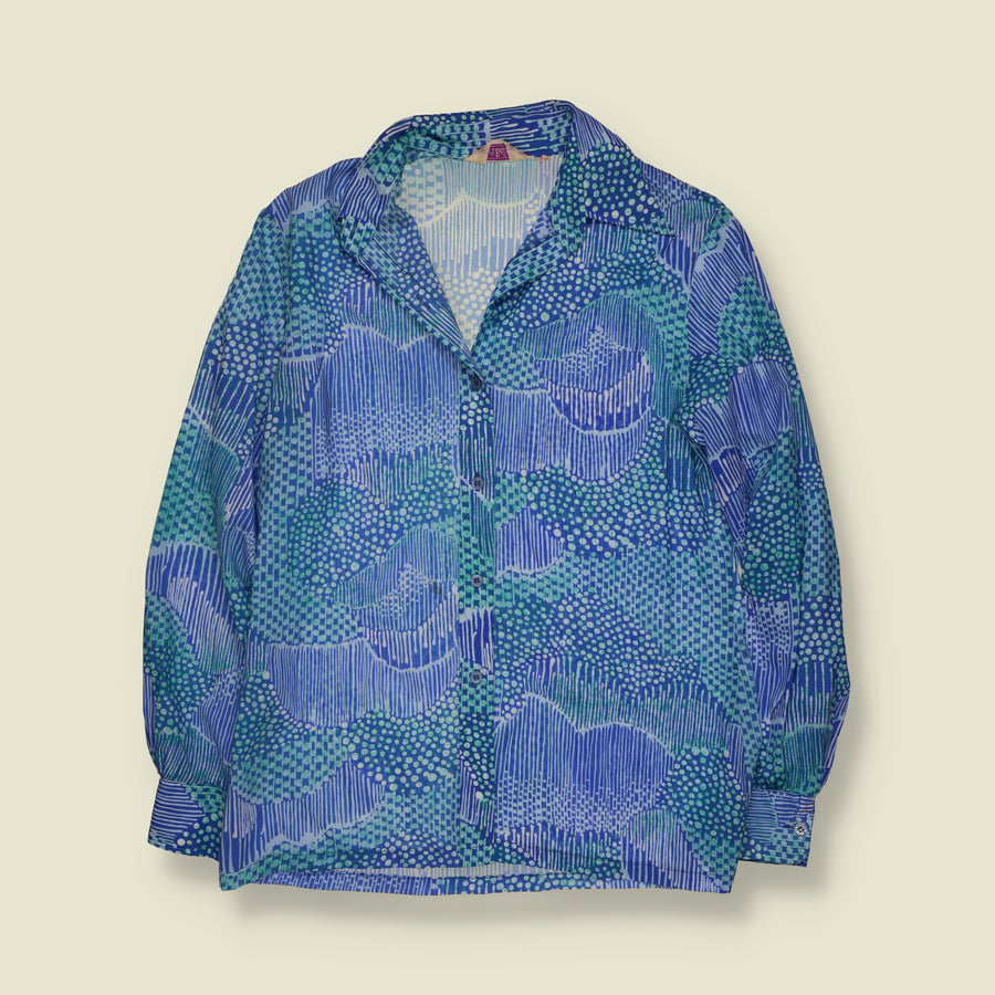 1970s | Elles Belles | Blue & Turquoise Abstract Print Blouse - 14