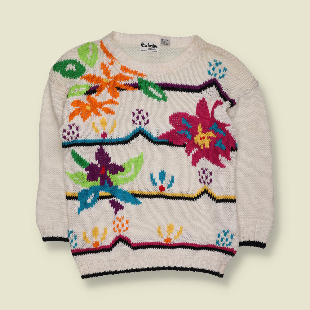 1980s | Exclusive Imports | Colourful Floral Pattern Knit Jumper | Cream & Multicolour - 12