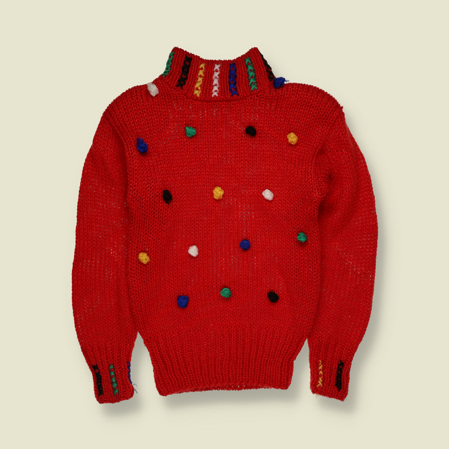1980s | Cristina | Novelty Pom Pom Roll Neck Knit Jumper | Red & Multicolour - 4