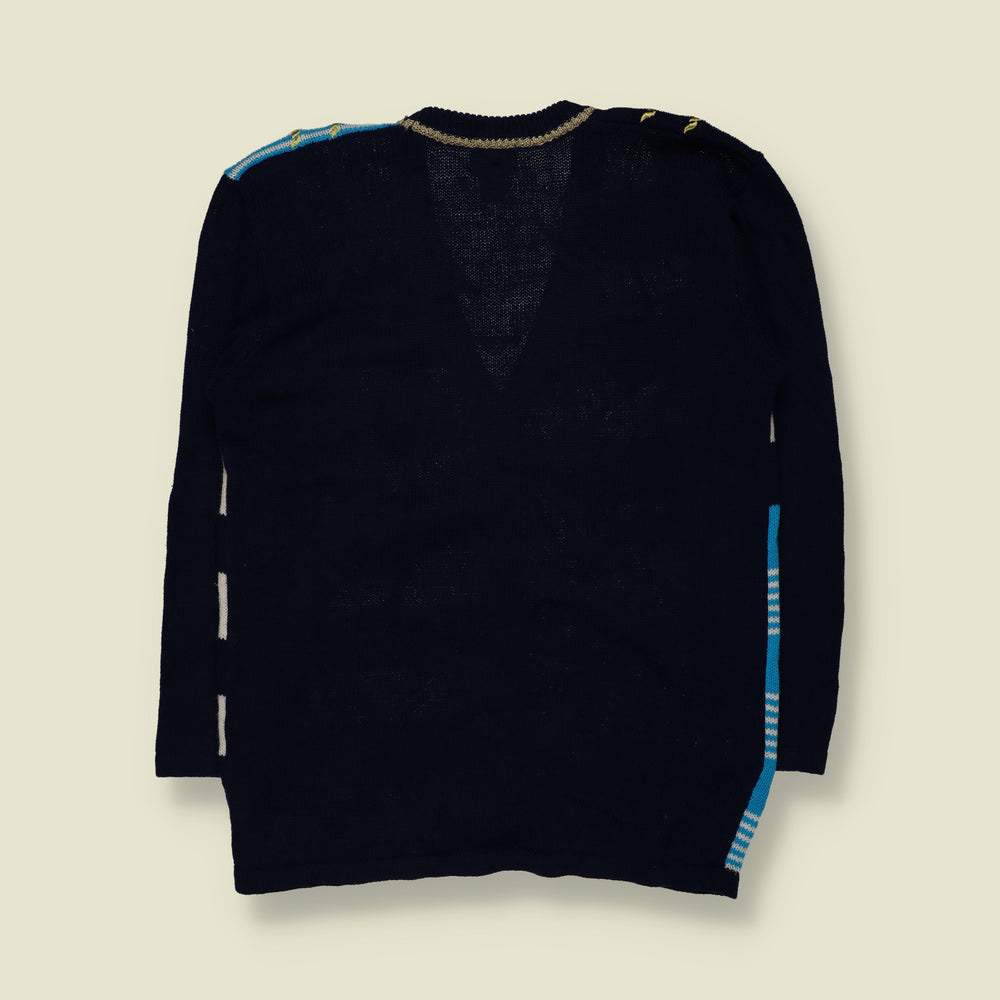 1980s | Koret | Novelty Star & Tassel Knit Cardigan | Navy, Turquoise & Cream - 14