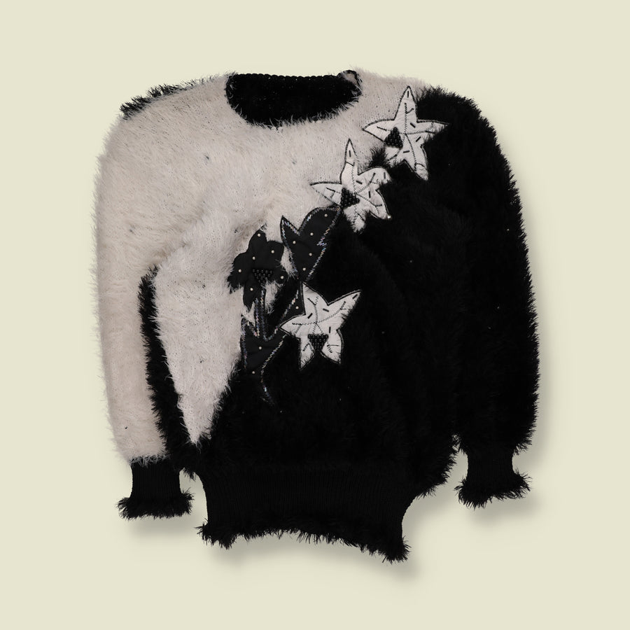 1980s | Fluffy Eyelash Knit Star Appliqué Jumper | Black & White - 12