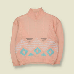 1980s | Spice of Life | Geometric Pattern Button Neck Knit Jumper | Peach Pink - 14