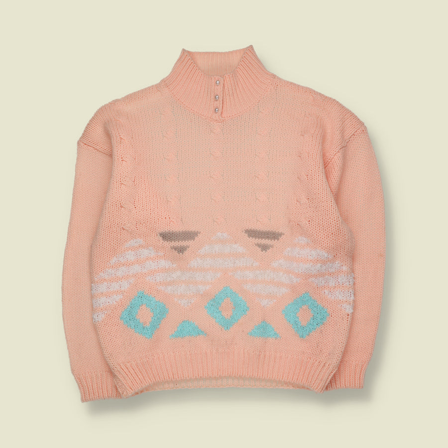 1980s | Spice of Life | Geometric Pattern Button Neck Knit Jumper | Peach Pink - 14