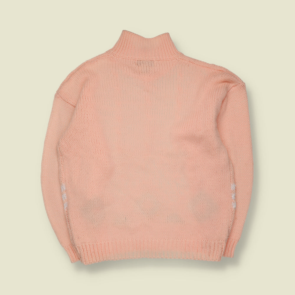 1980s | Spice of Life | Geometric Pattern Button Neck Knit Jumper | Peach Pink - 14