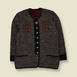 1980s | Embroidered Folk Art Knit Cardigan | Grey, Green & Red - 16