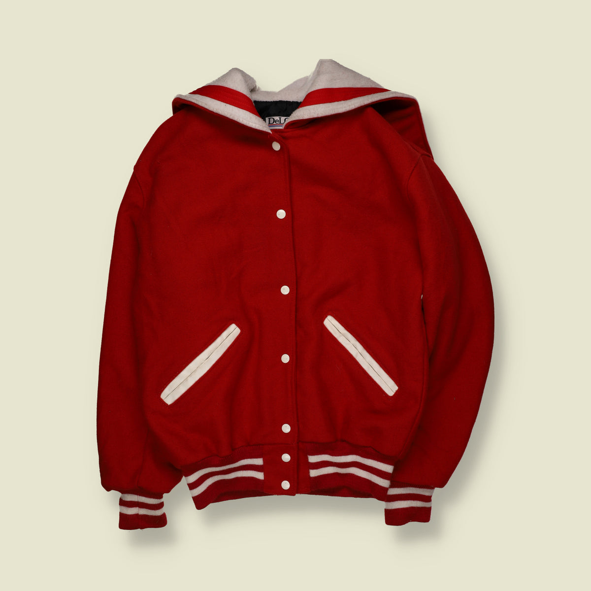 1990s | DeLong | Hooded Wool Blend Varsity Jacket | Red & White - 2