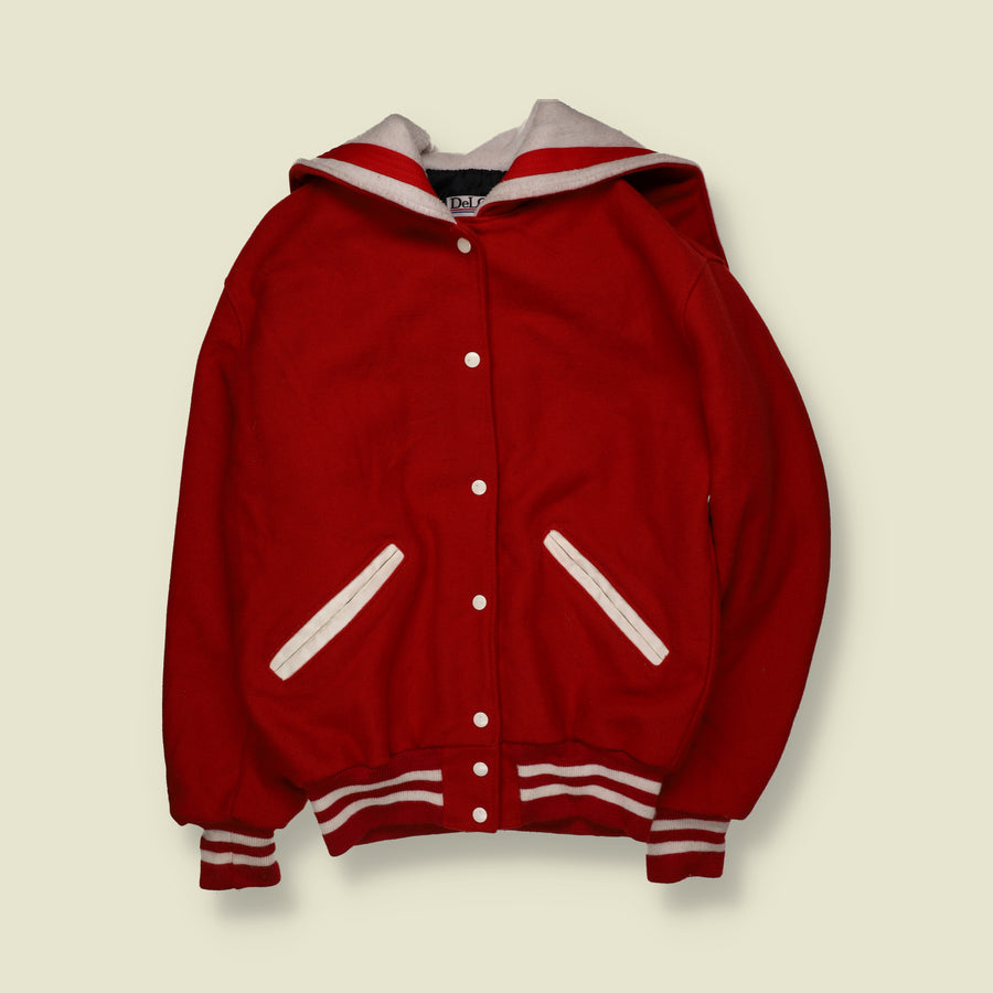 1990s | DeLong | Hooded Wool Blend Varsity Jacket | Red & White - 2