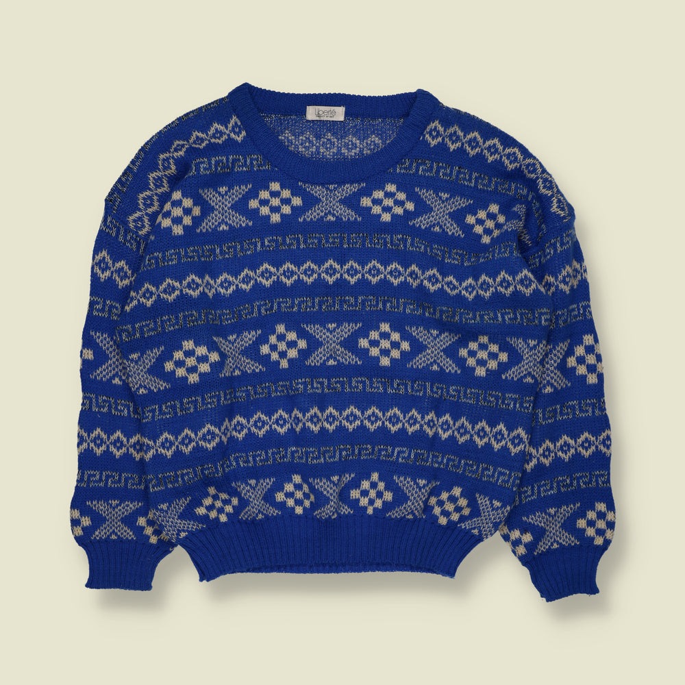 1980s | Liberté | Fair Isle Pattern Knit Jumper | Royal Blue & Cream - 18