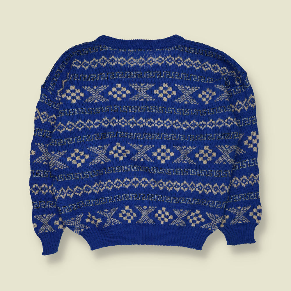 1980s | Liberté | Fair Isle Pattern Knit Jumper | Royal Blue & Cream - 18