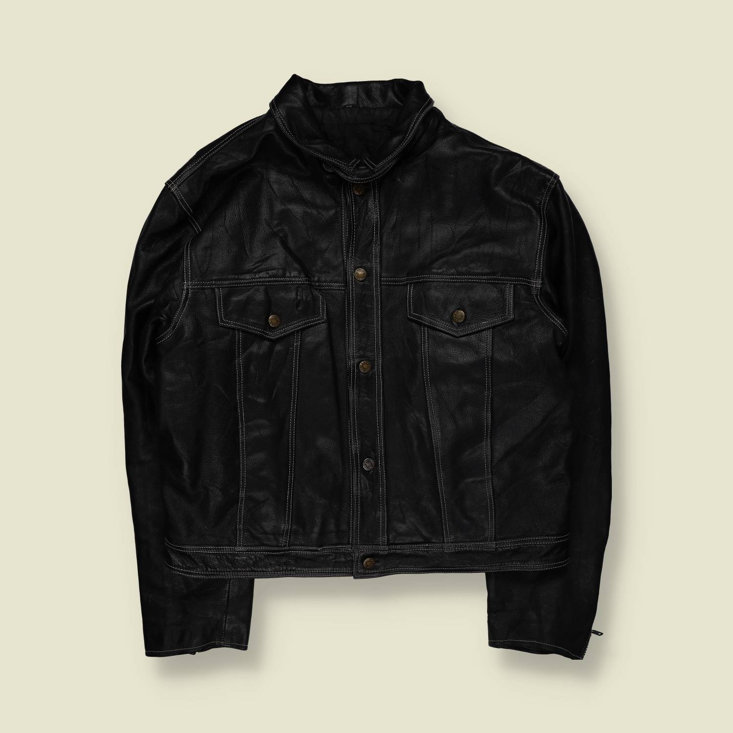 1980s-90s | Unbranded | Leather Trucker Jacket with Chin Strap | Black - XXL