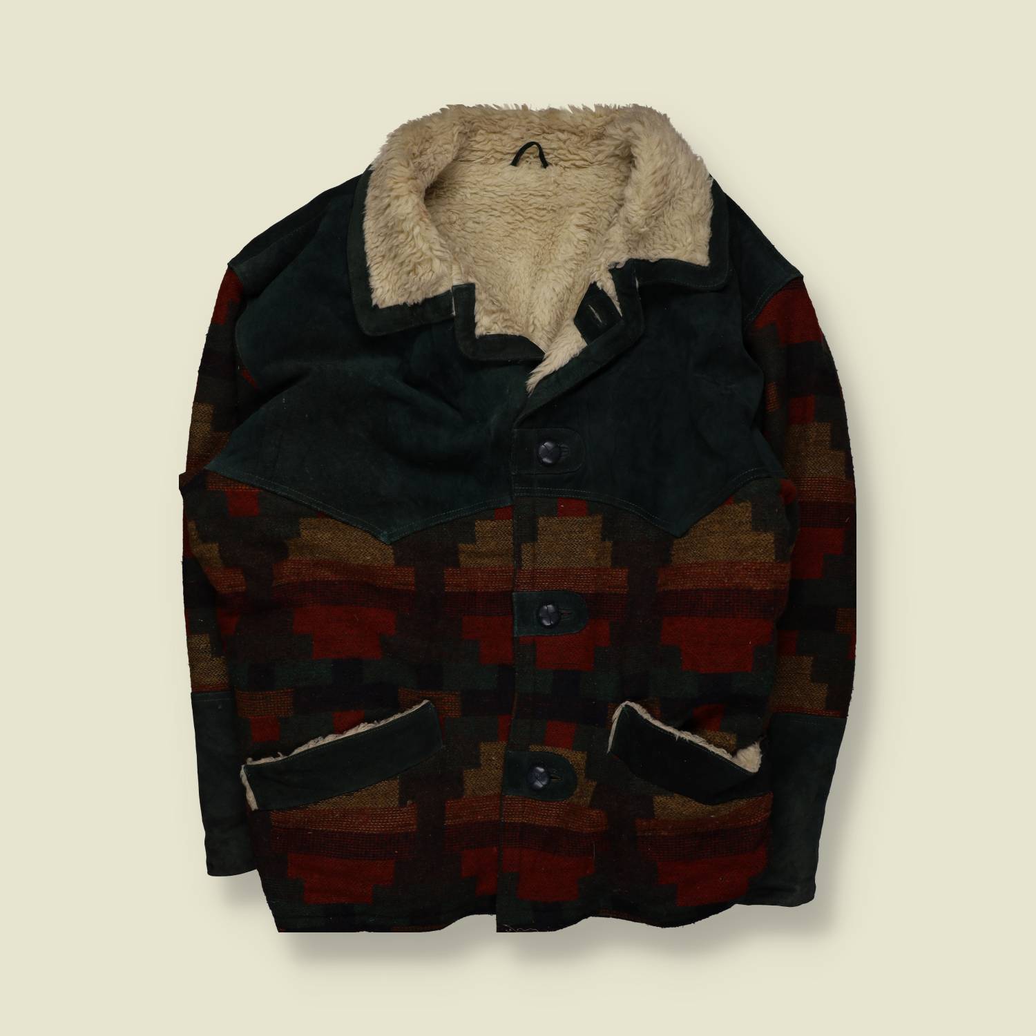 1980s–1990s | Unbranded | Aztec Pattern Shearling Lined Jacket | Wool & Suede – XXXL