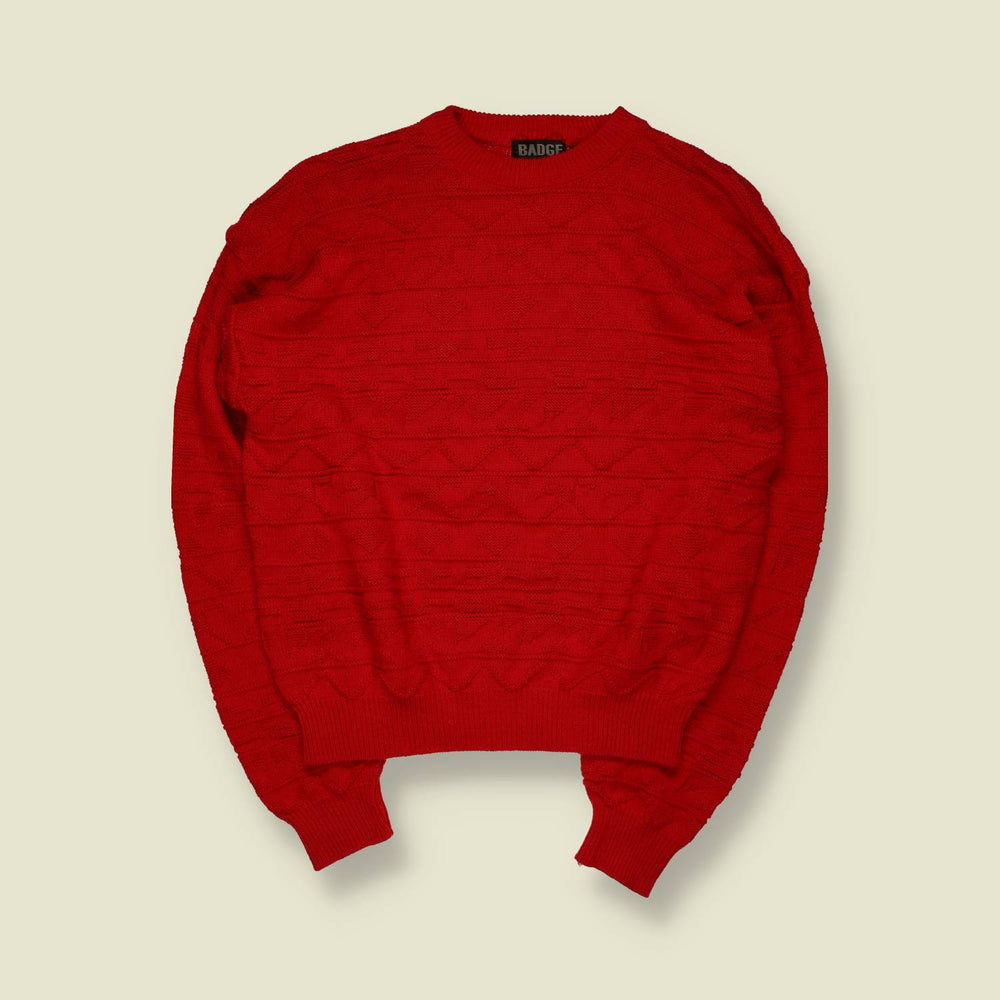 1980s | Badge | Textured Boxy Knit Jumper | Red - XL