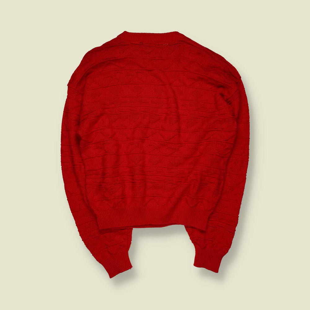 1980s | Badge | Textured Boxy Knit Jumper | Red - XL