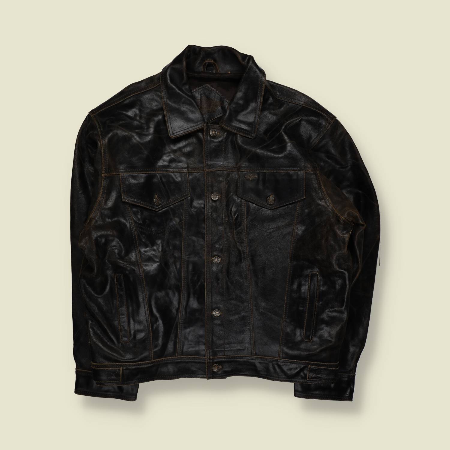 1990s / Early 2000s | Stars & Stripes | Heavy Leather Trucker Jacket | Black - XXL